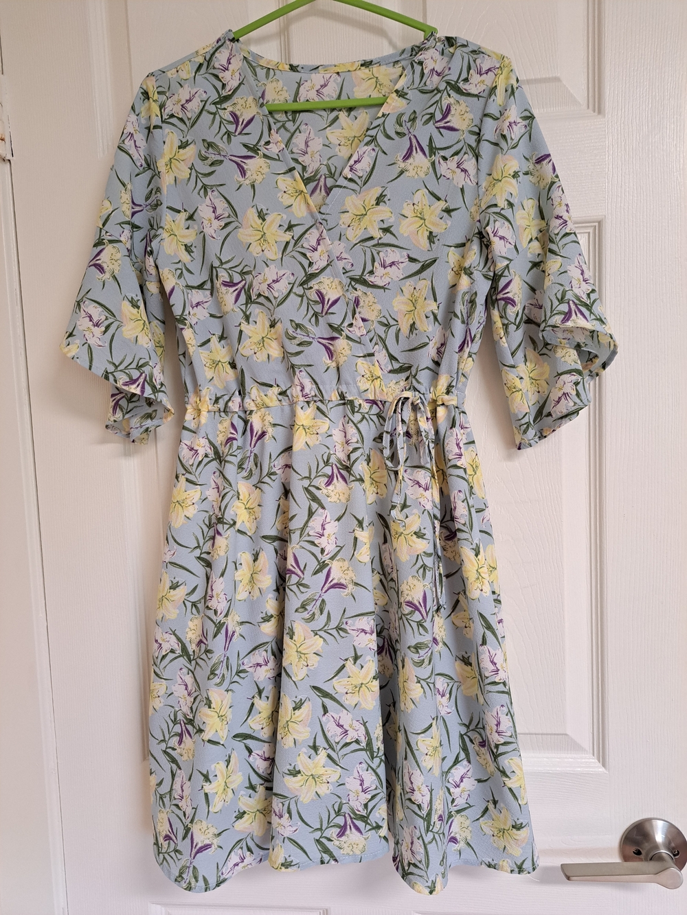 Girls' Light Blue Floral Wrap Dress with Yellow Lilies